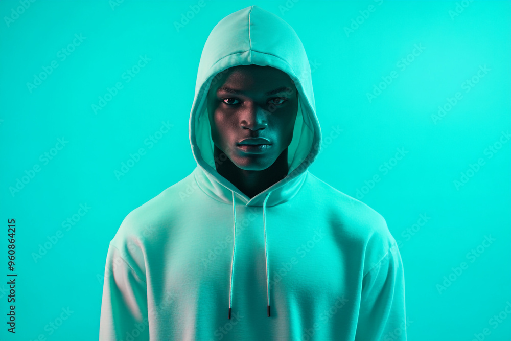 Stylish Men in Mountain Green Hoodie with Solid Neon Blue Background Bold Fashion Portrait with Modern Flair Stylish Men in Mountain Green Hoodie with Solid Neon Blue Background Bold Fashion Portrait with Modern Flair