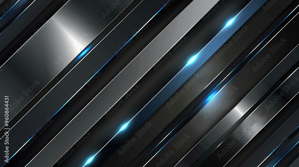 Fototapeta premium A sleek, abstract design featuring diagonal black and metallic stripes with glowing blue accents, ideal for modern graphics.