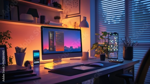 Wallpaper Mural Contemporary home office with smart lighting and solar-powered devices, promoting clean energy Torontodigital.ca