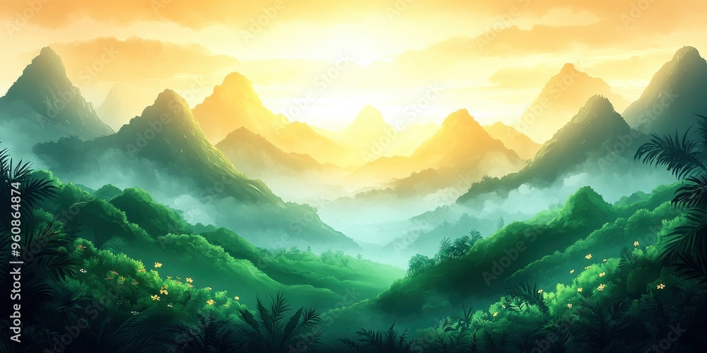 Obraz premium Majestic Mountain Landscape at Sunrise with Vibrant Greenery and Misty Valleys Capturing the Serene Natural Beauty of a Tranquil Morning