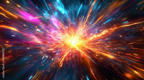 High-energy collision of vibrant colors, electric sparks flying, Abstract background, Dynamic, intense