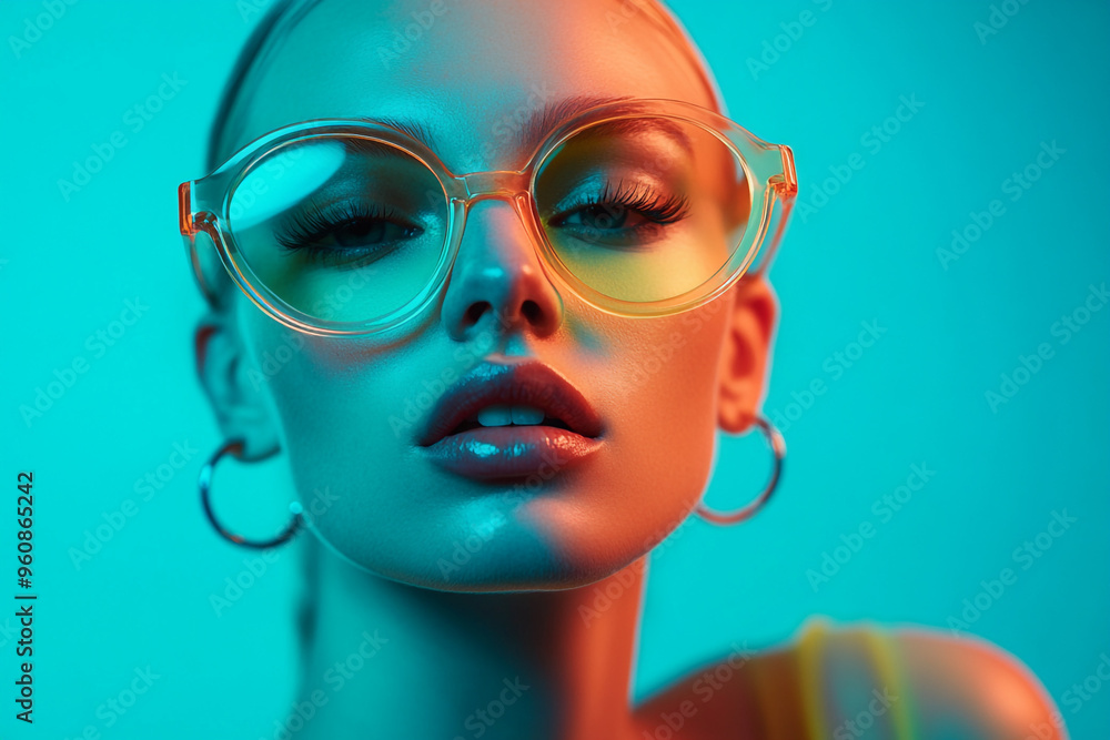 Stylish Woman in Mountain Green Eyewear with Solid Neon Blue Background Bold Fashion Portrait with Trendsetting Flair Stylish Woman in Mountain Green Eyewear with Solid Neon Blue Background Bold Fashion Portrait with Trendsetting Flair