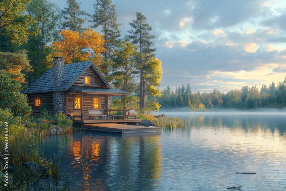Fototapeta premium A peaceful lakeside cabin with a wooden deck overlooking the water, highlighting the serene beauty of a cozy retreat in nature. Concept of lakeside tranquility and cabin retreats.