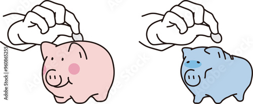 豚の貯金箱にコインを入れるシンプルイラスト