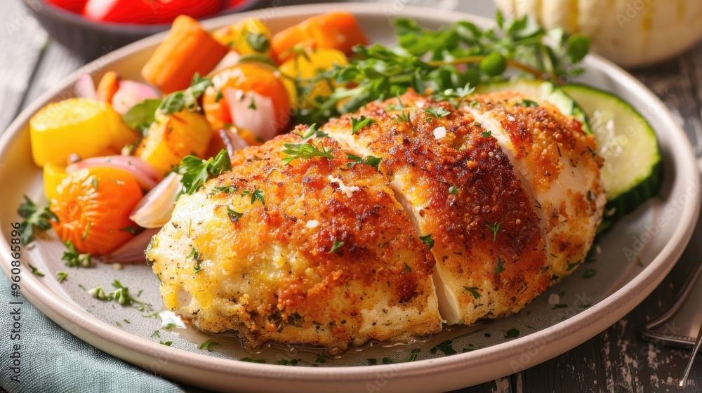 Herb and garlic butter-stuffed chicken breast with a crunchy breaded coating, served with a side of fresh vegetables. Herb and garlic butter-stuffed chicken breast with a crunchy breaded coating, served with a side of fresh vegetables.