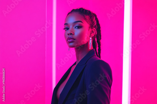 Modern Womans Tailored Navy Suit with Solid Neon Pink Background Fashion Portrait with Bold and Trendsetting Style