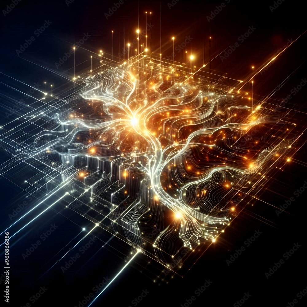 Abstract Glowing Neural Network with Dynamic Data Flow Concept - Intricate AI and Machine Learning Representation in Frontier Technology, Dark Background Enhances Glow Abstract Glowing Neural Network with Dynamic Data Flow Concept - Intricate AI and Machine Learning Representation in Frontier Technology, Dark Background Enhances Glow