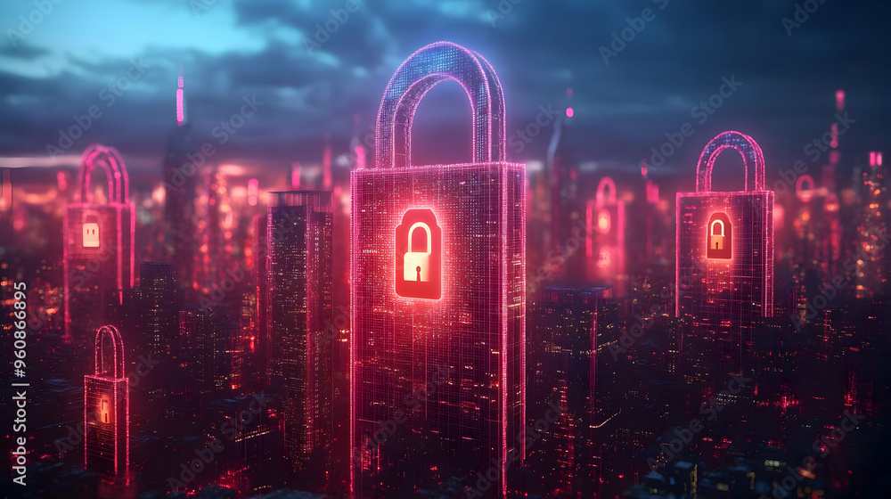 Cyber Security Cityscape with Padlocks Cyber Security Cityscape with Padlocks
