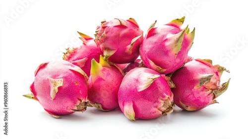 Dragon fruit (pitaya) with its bright pink skin and speckled flesh, beautifully arranged and isolated on a white background