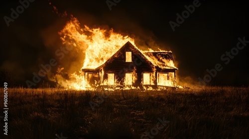 An isolated house blazing in the dead of night, its flames flickering wildly, casting long shadows on the ground, emphasizing the eerie calm of the surrounding darkness