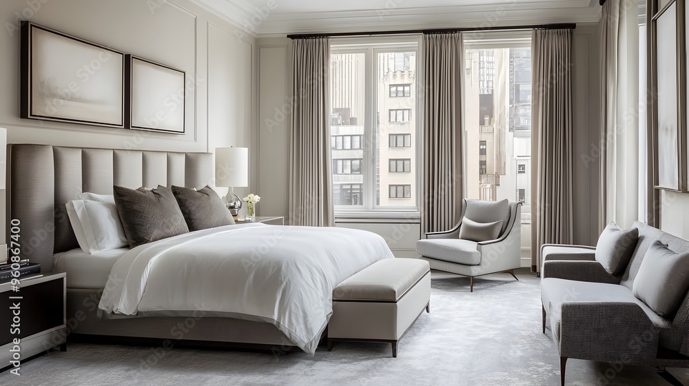 Serene and Sophisticated Monochromatic Gray Bedroom Interior with Minimal Elegant Furnishings and Decor for a Calming Peaceful Living Space Serene and Sophisticated Monochromatic Gray Bedroom Interior with Minimal Elegant Furnishings and Decor for a Calming Peaceful Living Space