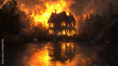 Burning house next to a river, flames illuminating the surroundings, orange and yellow fire reflections on the water, night scene, high-detail, Realism, Forensic Detail