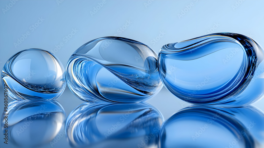 Abstract Blue Glass Spheres with Reflections on Blue Background Abstract Blue Glass Spheres with Reflections on Blue Background