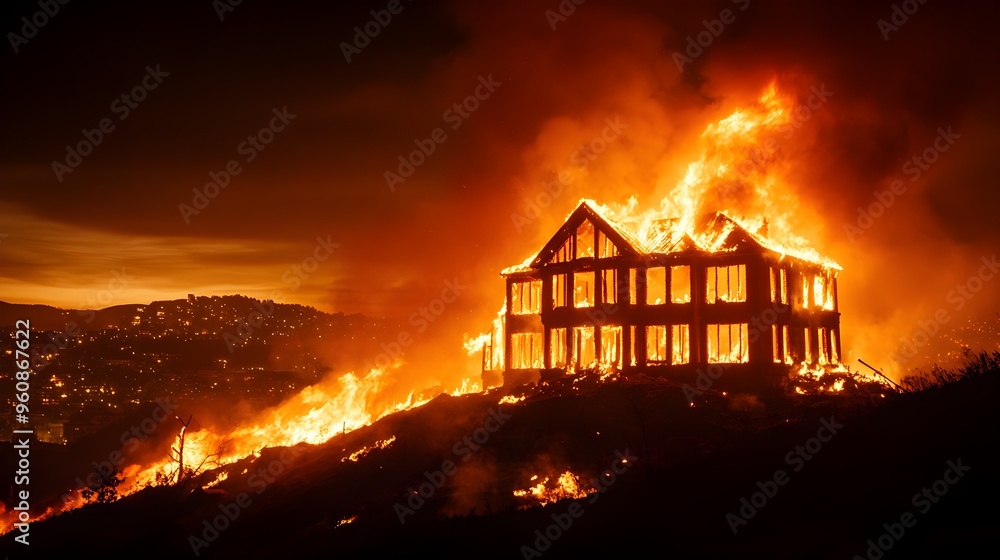 Burning mansion on a lonely hill, distant city lights on the horizon, thick smoke rising into the night sky, glowing embers and collapsing walls, high-contrast fire and darkness Burning mansion on a lonely hill, distant city lights on the horizon, thick smoke rising into the night sky, glowing embers and collapsing walls, high-contrast fire and darkness