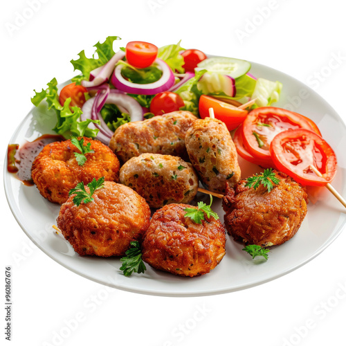 Delicious Kofta Nuggets and Chicken Cutlets with Fresh Salad on White Plate