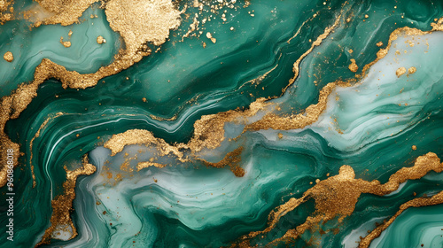 Abstract Green Gold Swirl Liquid Art