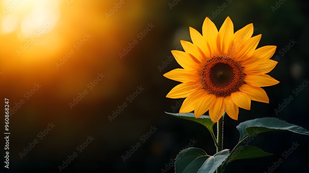 Fototapeta premium Sunflower with wide-open petals, centered on a dark, matte background, illuminated by soft golden light from above, the scene exuding a peaceful, meditative vibe, Minimalist, High-Contrast.