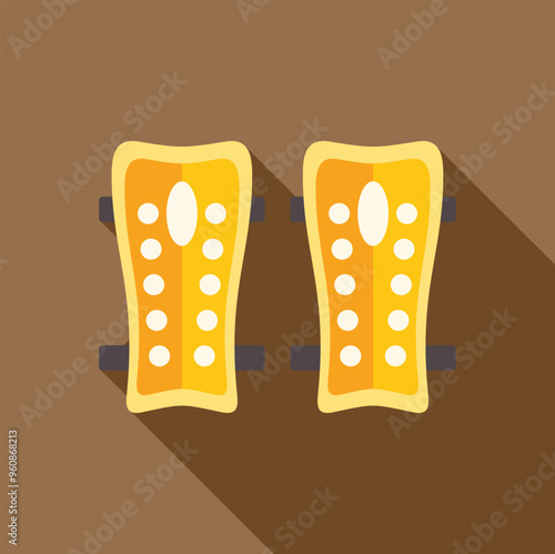Pair of yellow soccer shin pads with long shadow icon, flat style