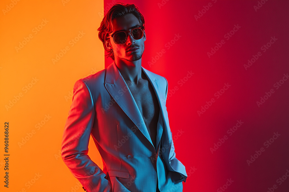 Fashion Portrait of Men in Light Gray Suit with Solid Neon Coral Background Trendsetting Lifestyle Look with Modern Appeal Fashion Portrait of Men in Light Gray Suit with Solid Neon Coral Background Trendsetting Lifestyle Look with Modern Appeal
