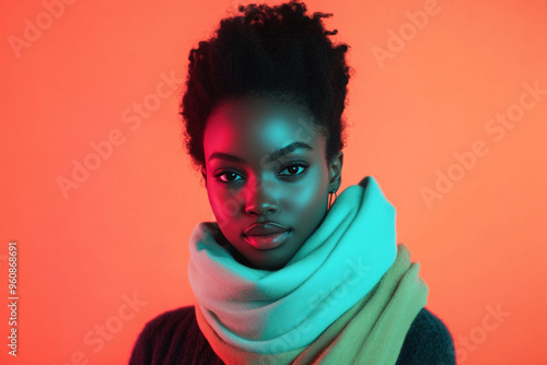 Trendsetting Woman in Mountain Green Scarf with Solid Neon Coral Background Fashion Portrait with Modern Appeal