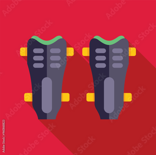 Soccer shin pads protecting player legs from injuries during football match, flat vector illustration with long shadow on red background