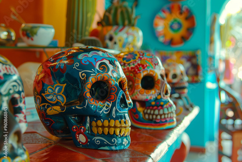 Colorful Skulls Festively Painted to Celebrate Day of the Dead in Vibrant Mexican Home with Decorative Details