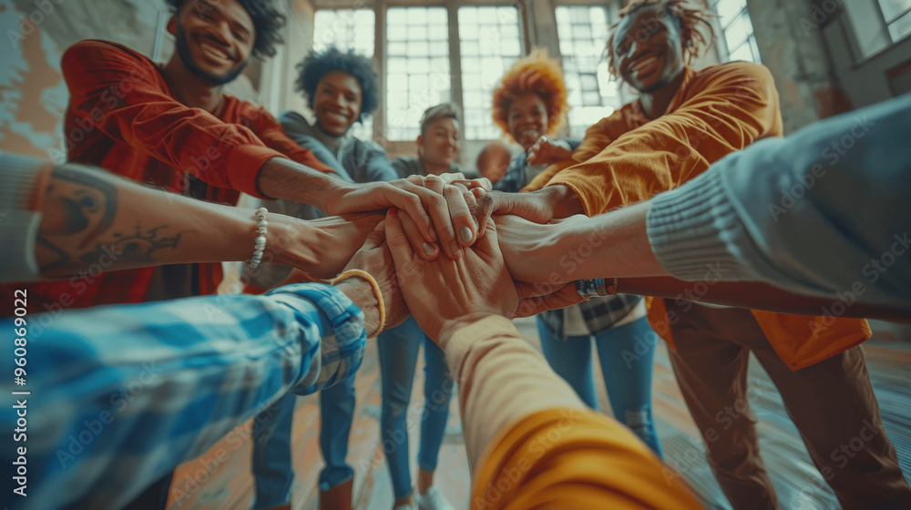 Group Of Diverse People Showing Unity And Teamwork With Hands Together In Bright Room Group Of Diverse People Showing Unity And Teamwork With Hands Together In Bright Room