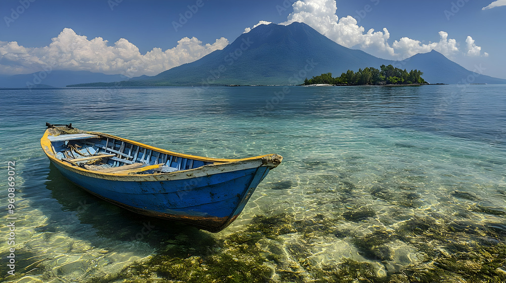 Tranquil Blue Boat Moored in Clear Tropical Waters with Lush Mountain Landscape Tranquil Blue Boat Moored in Clear Tropical Waters with Lush Mountain Landscape