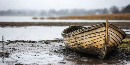 A weathered wooden boat beached on the muddy shore of a lake 