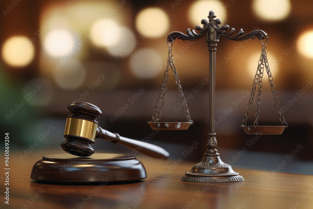 A court gavel and scales of justice on a wooden table, against a blurred background with copy space A court gavel and scales of justice on a wooden table, against a blurred background with copy space