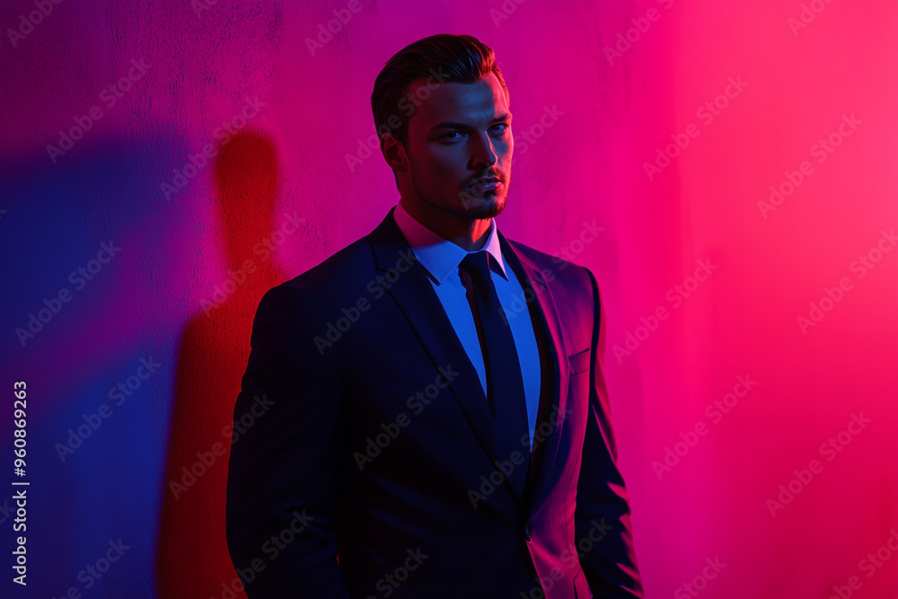 Obraz premium Modern Mens Tailored Navy Suit with Solid Neon Pink Background Fashion Portrait with Trendsetting Style