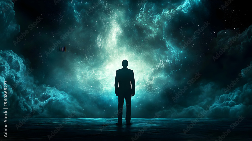 Man Silhouette Looking Up at Bright Cosmic Nebula in Night Sky Man Silhouette Looking Up at Bright Cosmic Nebula in Night Sky