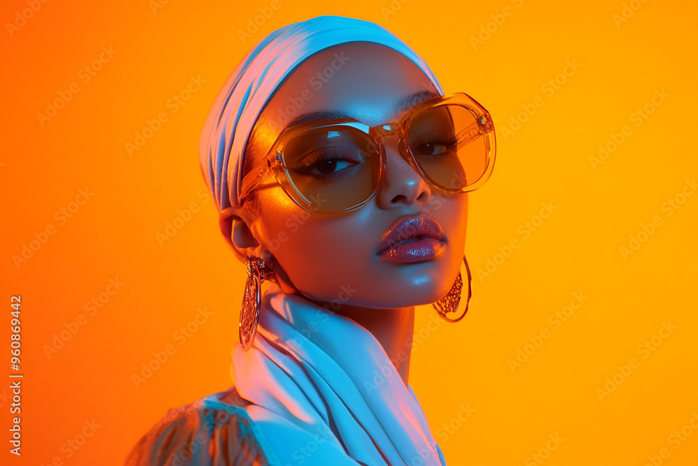 Stylish Womans Light Blue Scarf with Solid Neon Orange Background Bold Fashion Portrait with Trendsetting Flair Stylish Womans Light Blue Scarf with Solid Neon Orange Background Bold Fashion Portrait with Trendsetting Flair