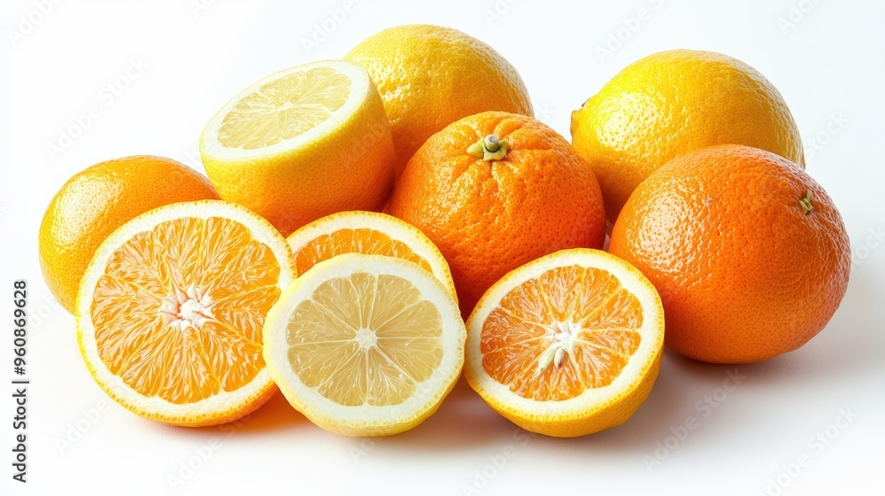 Fresh citrus fruits, including oranges and lemons, with some slices revealing their juicy interiors, isolated on a white background Fresh citrus fruits, including oranges and lemons, with some slices revealing their juicy interiors, isolated on a white background