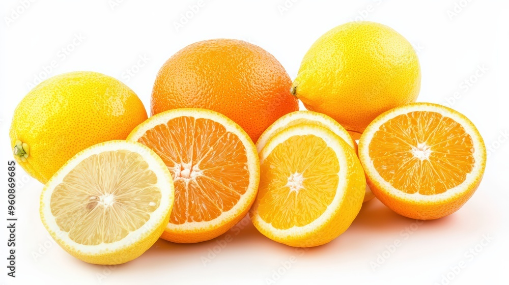 Fresh citrus fruits, including oranges and lemons, with some slices revealing their juicy interiors, isolated on a white background Fresh citrus fruits, including oranges and lemons, with some slices revealing their juicy interiors, isolated on a white background