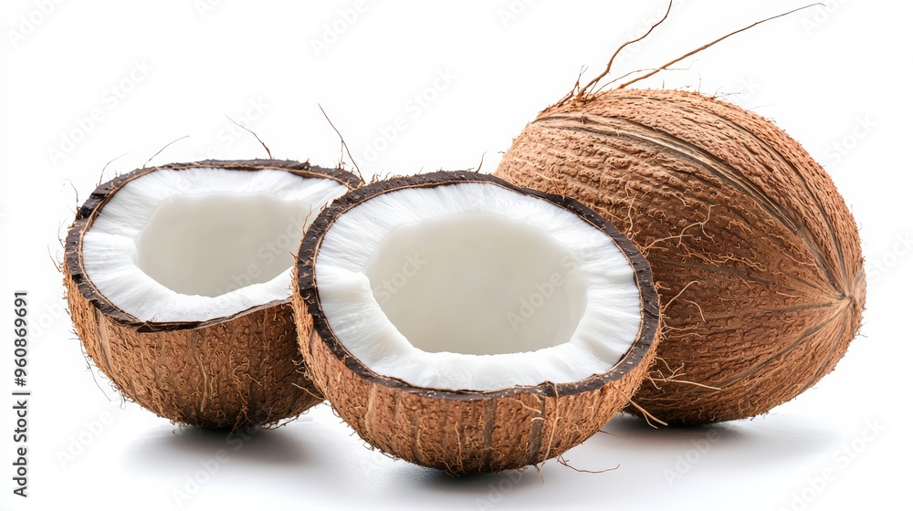 Fresh coconuts, one halved to show the inner flesh and milk, isolated on a white background Fresh coconuts, one halved to show the inner flesh and milk, isolated on a white background