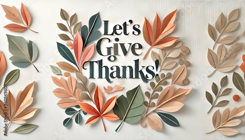 LET'S GIVE THANKS!! An autumn-themed graphic with pastel-colored leaves and acorns arranged around the phrase 'Let's give THANKS!' in large, textured letters. photo