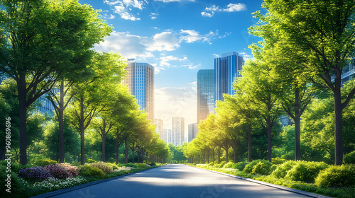 Urban Green Space Cityscape with Trees and Path