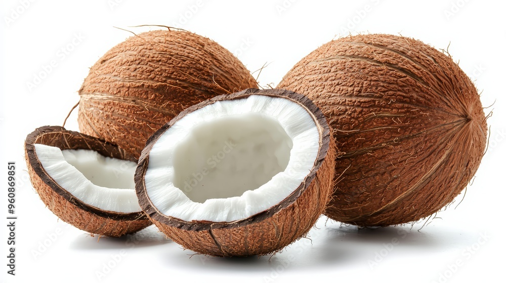 Fresh coconuts, one halved to show the inner flesh and milk, isolated on a white background Fresh coconuts, one halved to show the inner flesh and milk, isolated on a white background