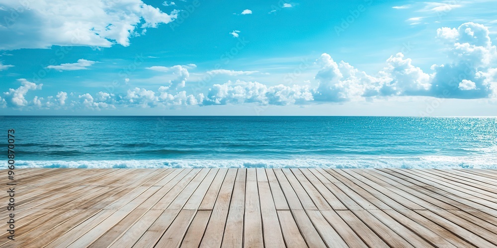 Obraz premium empty wooden flooring deck in front and blue summer sky with clouds and sea or ocean with turquoise water and waves in the background summer vacation sea shoreline with deck floor