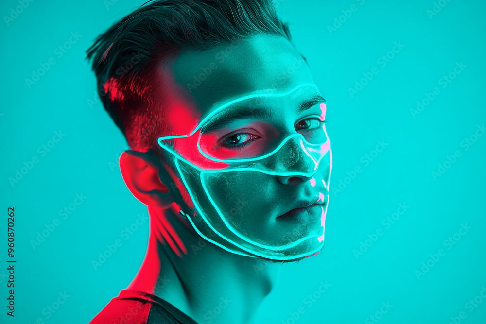 Modern Men in Mountain Green Face Mask with Solid Neon Blue Background Trendsetting Fashion Portrait Modern Men in Mountain Green Face Mask with Solid Neon Blue Background Trendsetting Fashion Portrait