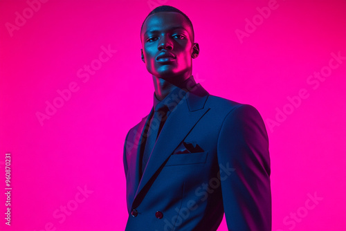 Modern Men in Tailored Navy Suit with Solid Neon Pink Background Fashion Portrait with Vibrant Style