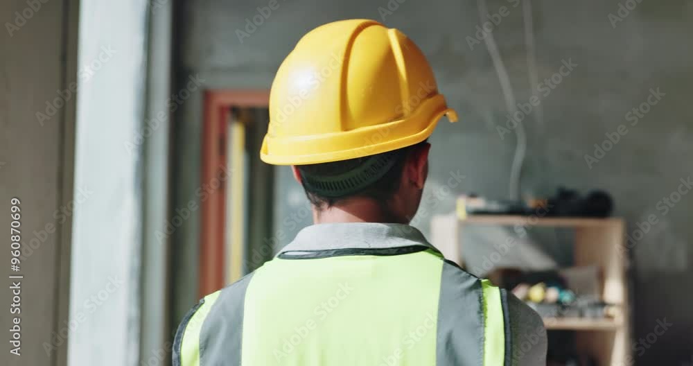 Construction, man and back with inspection of building for development, project and planning. Engineer, contractor and supervisor walking with safety helmet at site for renovation, progress or review Construction, man and back with inspection of building for development, project and planning. Engineer, contractor and supervisor walking with safety helmet at site for renovation, progress or review