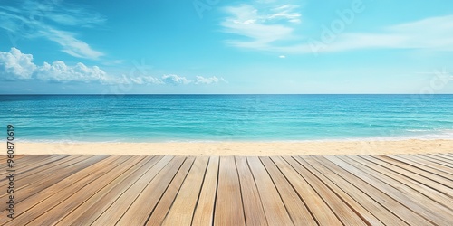 Wooden deck on tropical beach with blue sea and sky background. 