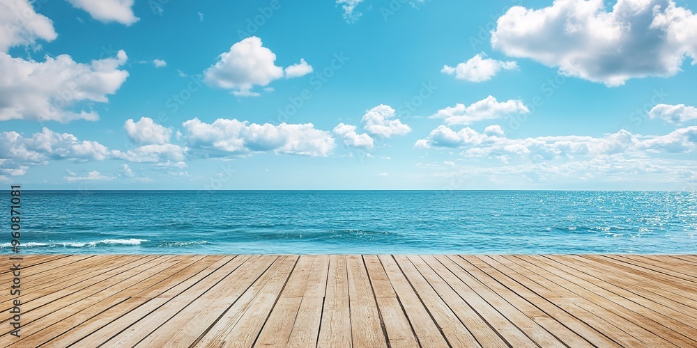 Obraz premium empty wooden flooring deck in front and blue summer sky with clouds and sea or ocean with turquoise water and waves in the background summer vacation sea shoreline with deck floor