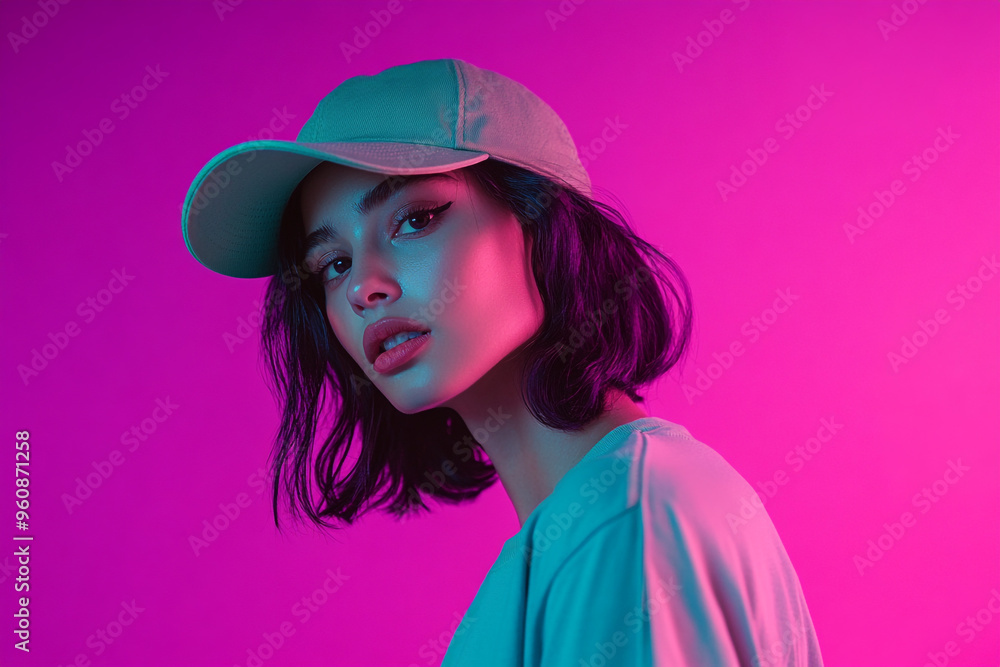 Modern Woman in Mountain Green Cap with Solid Neon Purple Background Fashion Portrait with Bold Style Modern Woman in Mountain Green Cap with Solid Neon Purple Background Fashion Portrait with Bold Style