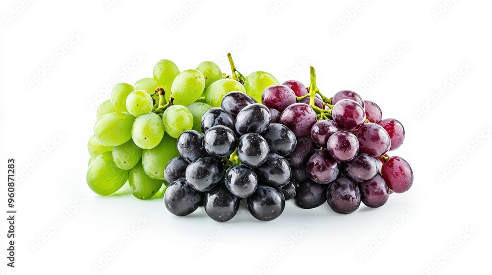 Fresh grapes, red and green varieties, arranged in a cluster and isolated on a white background, showcasing their premium export quality Fresh grapes, red and green varieties, arranged in a cluster and isolated on a white background, showcasing their premium export quality