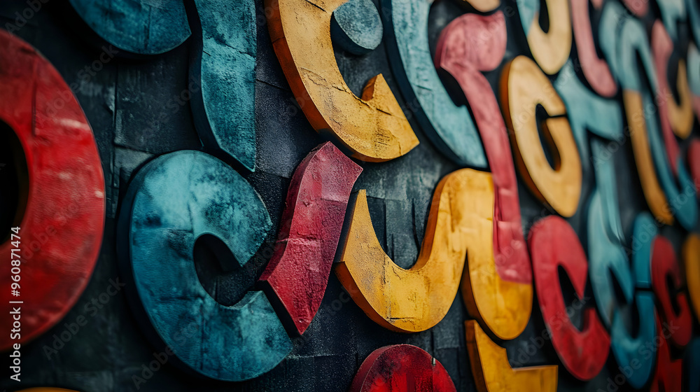 Colorful Wooden Letters on Black Brick Wall Colorful Wooden Letters on Black Brick Wall