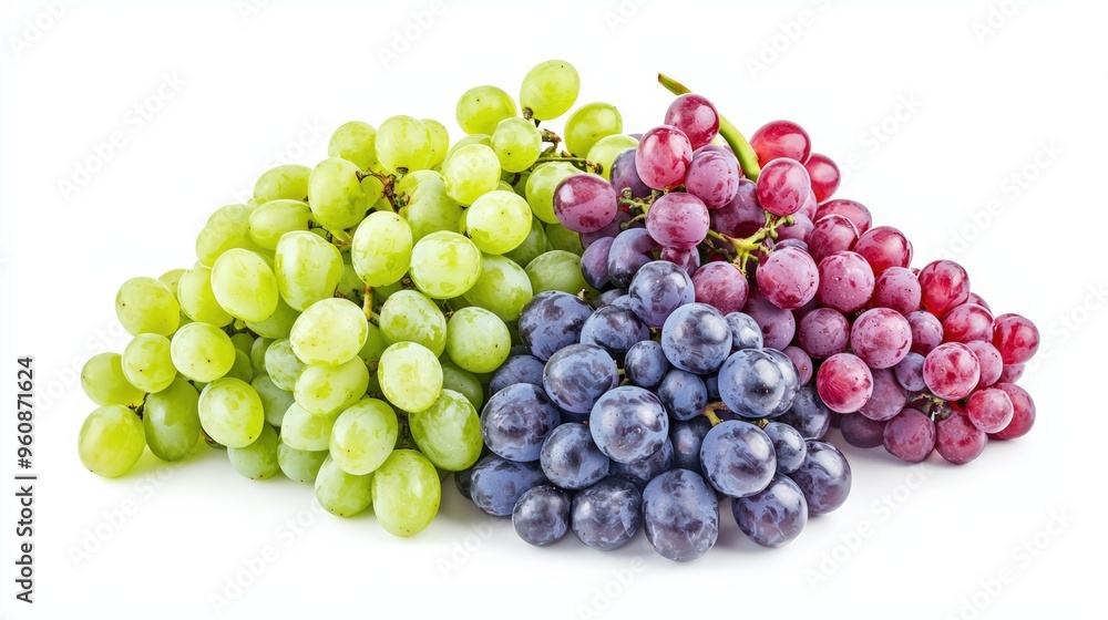 Fresh grapes, with a mix of red and green varieties, isolated on a white background, emphasizing their export quality Fresh grapes, with a mix of red and green varieties, isolated on a white background, emphasizing their export quality
