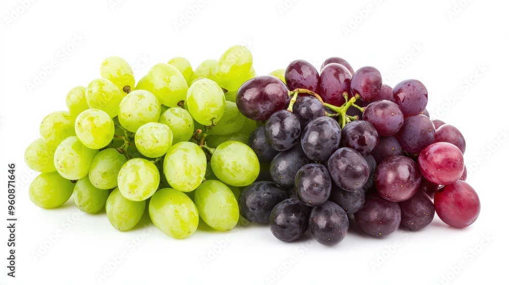 Fresh grapes, with a mix of red and green varieties, isolated on a white background, emphasizing their export quality Fresh grapes, with a mix of red and green varieties, isolated on a white background, emphasizing their export quality